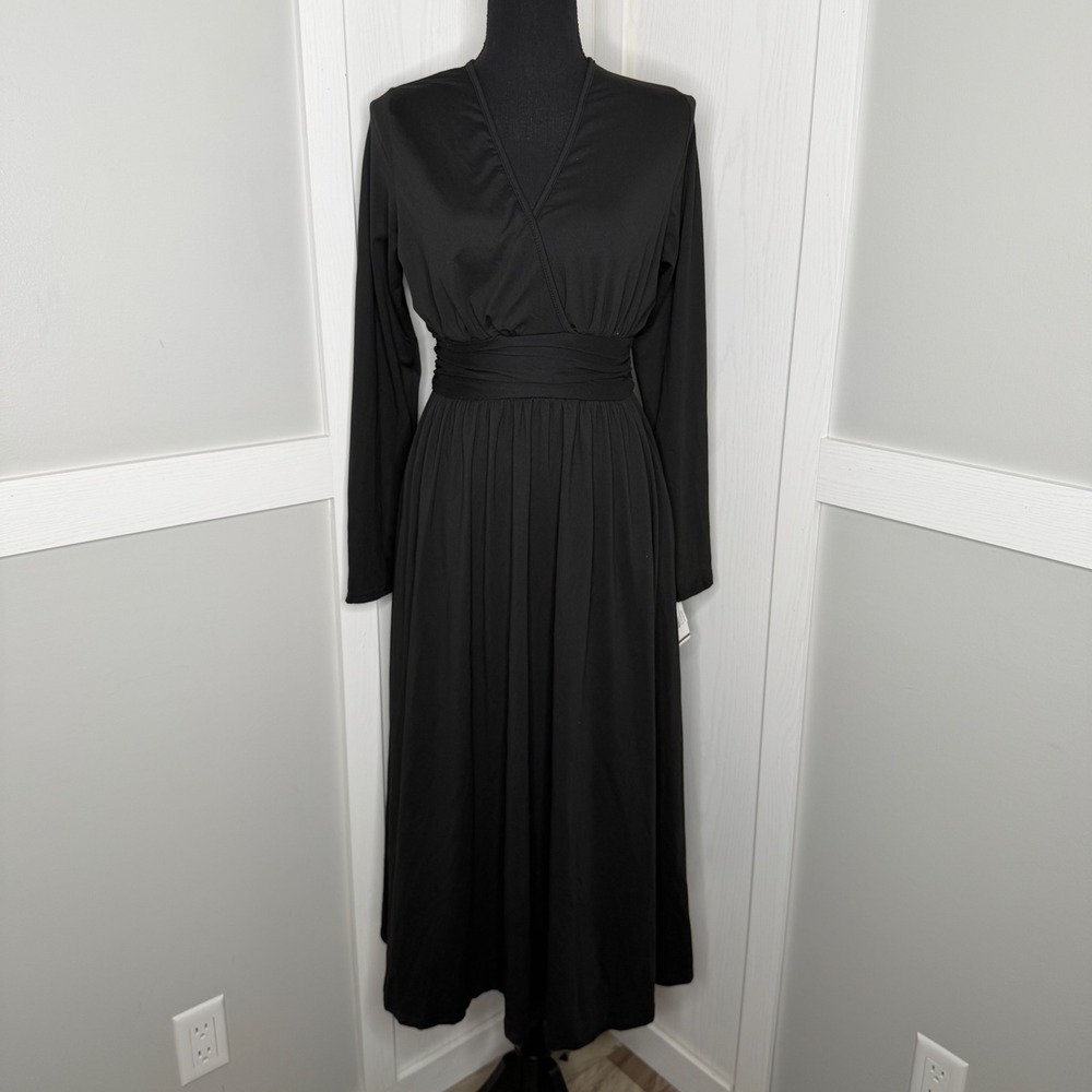 Kohls Maxi Dress Womens Medium Charcoal Black Long Sleeve Smocked Wrap V-Neck